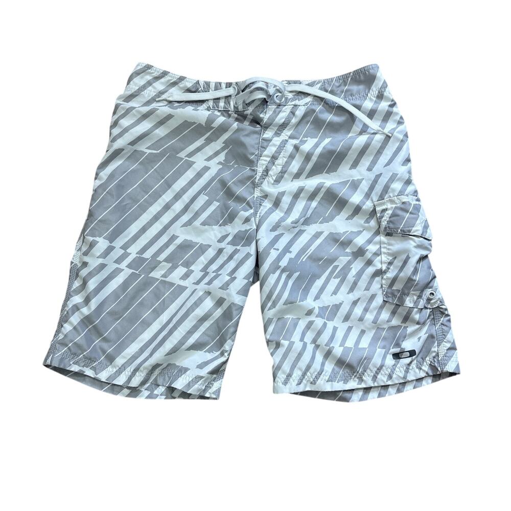 Oakley Men Board Shorts Size 34 White Gray Geometric Pattern Surf Swim Trunks